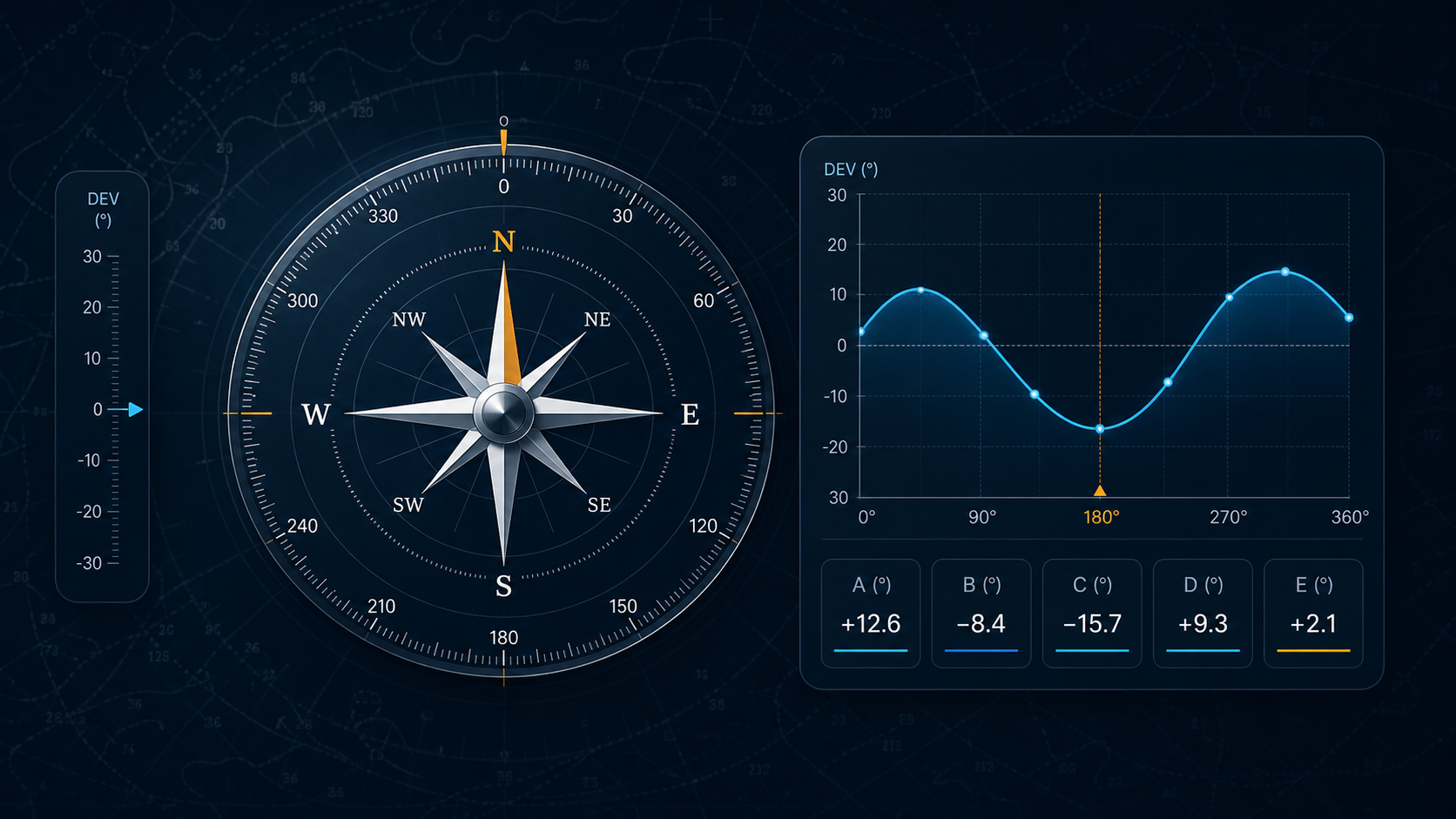 Deviation calculator interface with compass rose and deviation curve